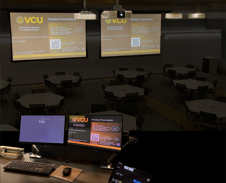 Image of an empty classroom with A/V equipment on