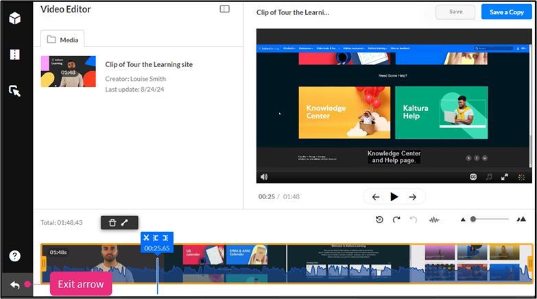 Image of Kaltura video editor, highlighting the exit arrow