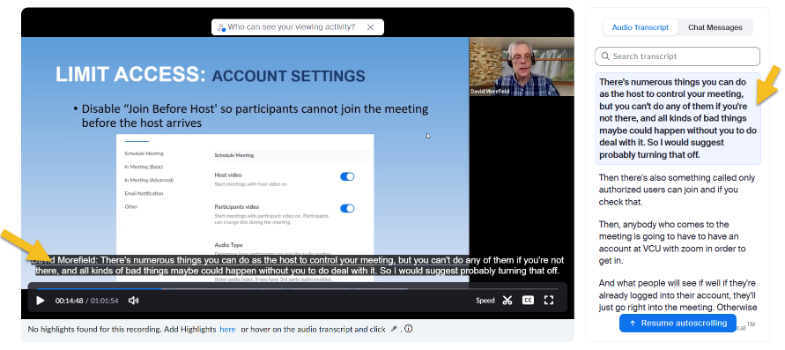 A screen capture of a Zoom recording, showing closed captions and a transcription
