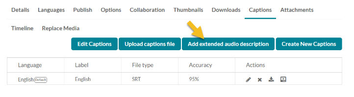 An image shows the button to add an extended audio description in Kaltura