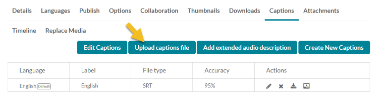 A screen capture shows the control for uploading an alternative caption file to Kaltura