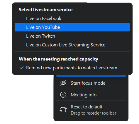 Menu option to choose a host platform for the live stream