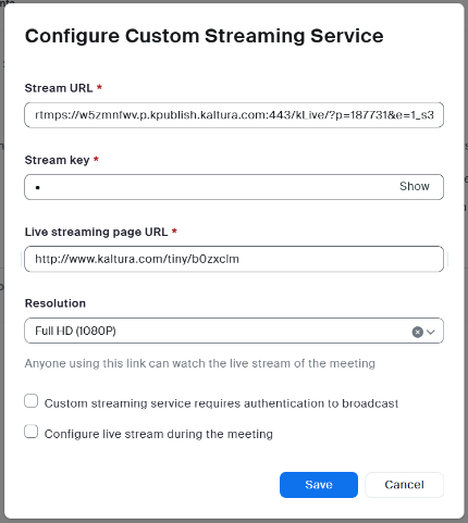 User interface for adding Kaltura live stream settings