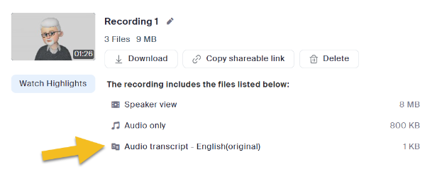An image shows where to find and download and the Zoom transcript file