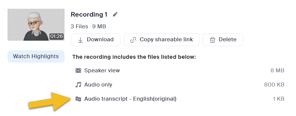 An image shows where to find and download and the Zoom transcript file