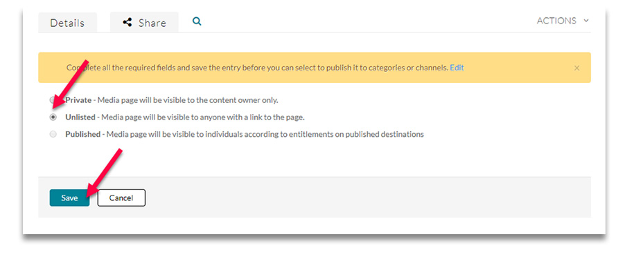 Image of the Kaltura settings screen for publishing videos