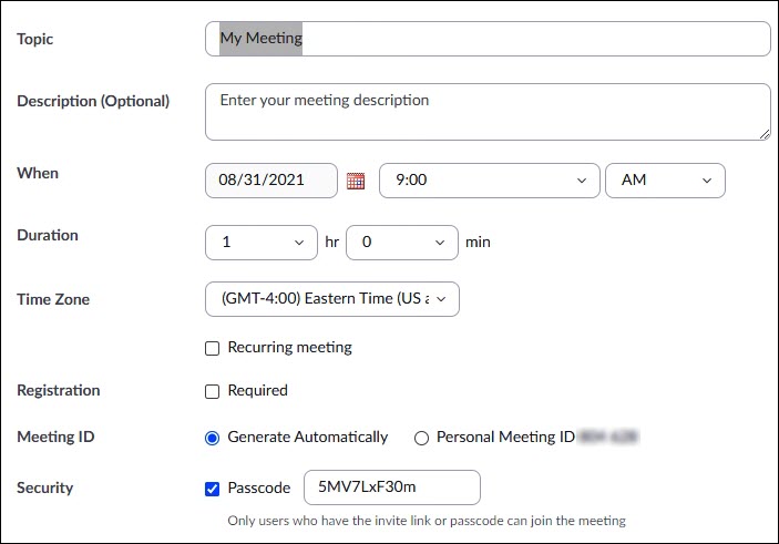 Screenshot of an entry form for scheduling a Zoom meeting
