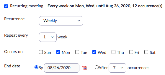 Screenshot of the Zoom screen for creating a recurring meeting
